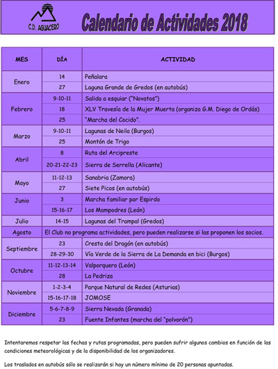 Calendario Actividades 2018